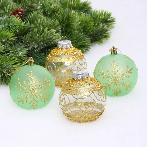 Набор шаров "Морозная вуаль" 8 см (в наборе 4 шт), Нежно-зеленый, золото