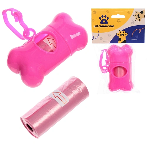 Контейнер с пакетами для уборки за собакой с карабином,15 шт пакетов, розовый цвет  Ultramarine