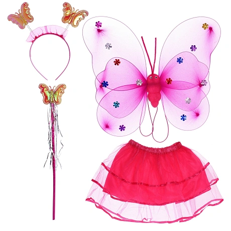 Карнавальный костюм "Волшебная сказка" (юбка, крылья, волшебная палочка, ободок), Фуксия