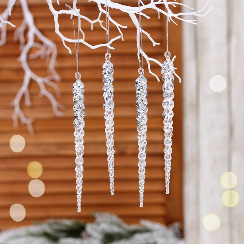 Подвеска "Хрустальная сосулька" 18 см (набор 4 шт), Серебро